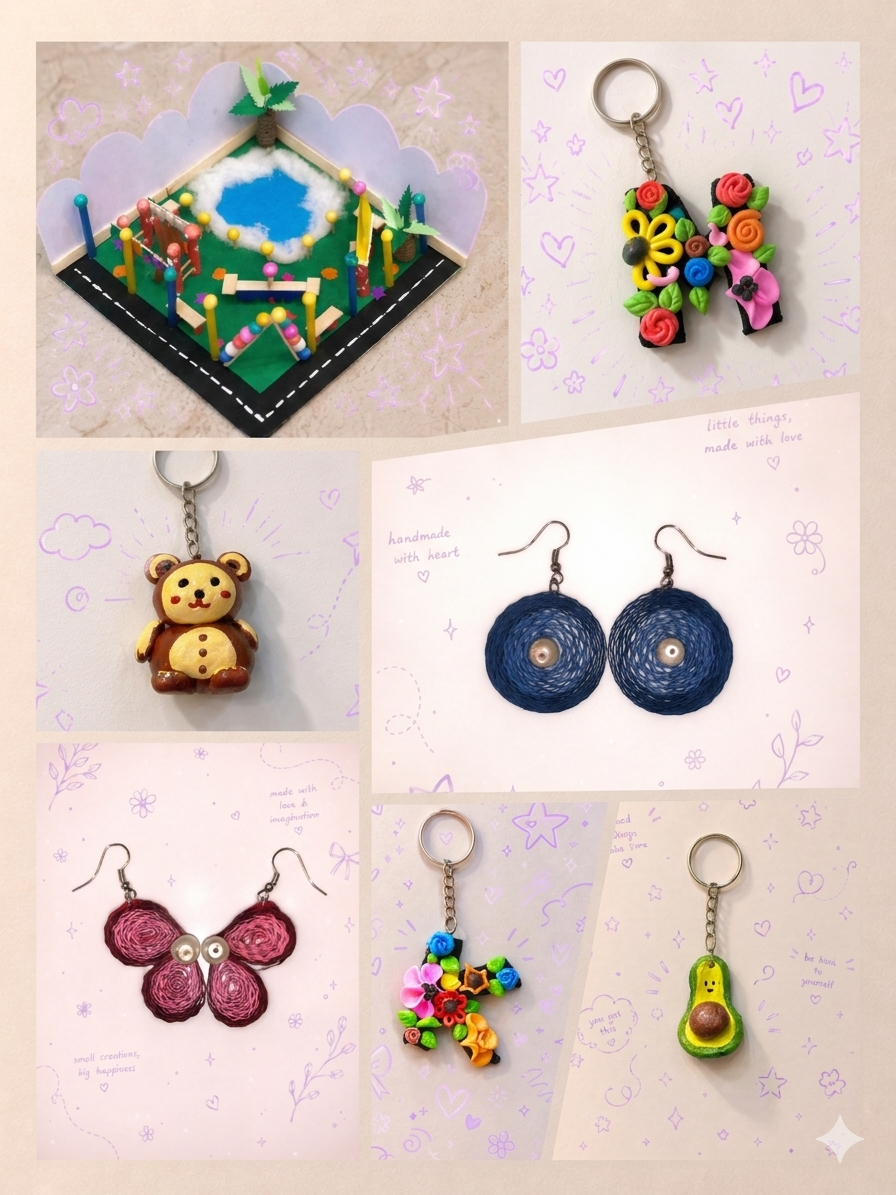 A collage of handmade Ruhkaar keychains, quilled earrings and paper decor